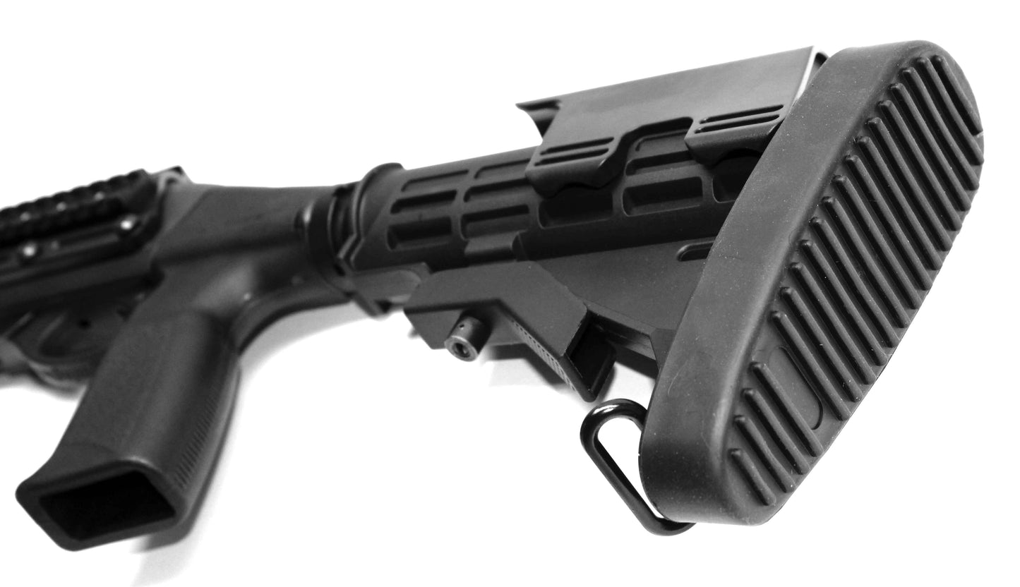 Tactical adjustable stock for Remington 870 12 gauge pump.