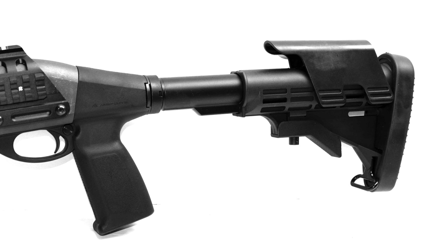 Tactical adjustable stock for Remington 870 12 gauge pump.