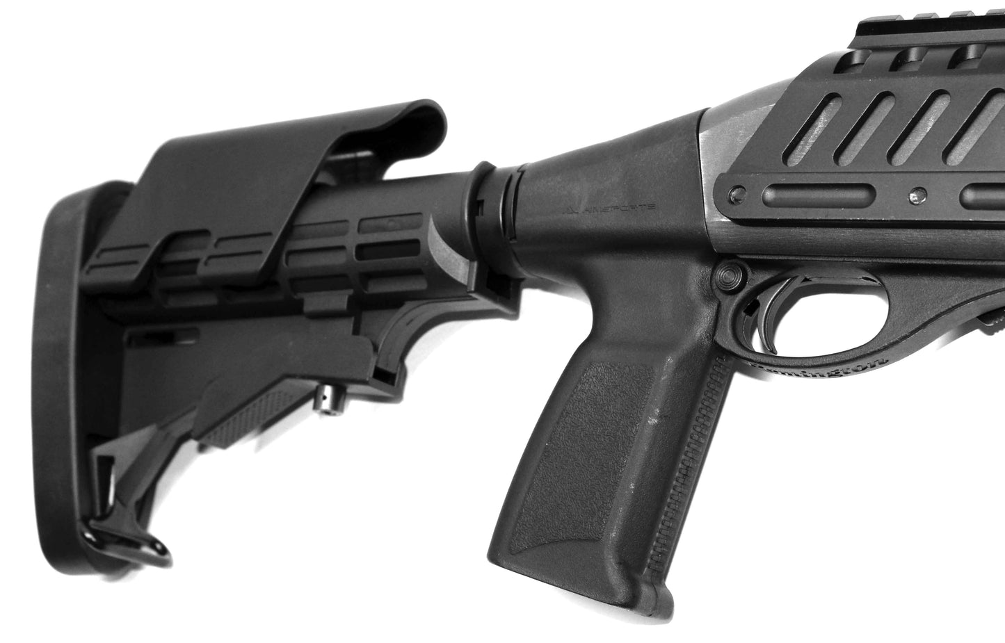 Tactical adjustable stock for Remington 870 12 gauge pump.