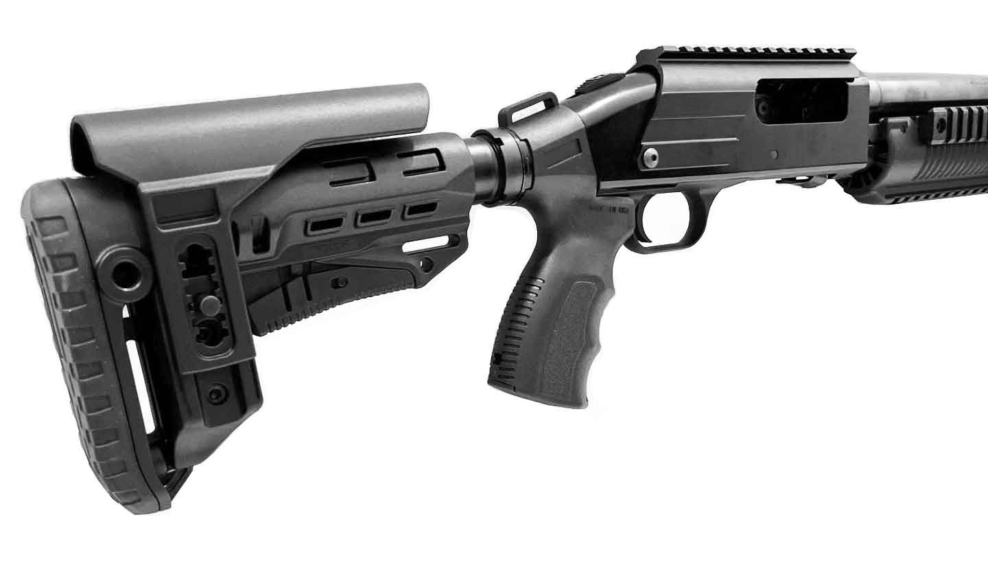 Mossberg 500 12 gauge shotgun collapsible stock Cali style. - TRINITY SUPPLY INC