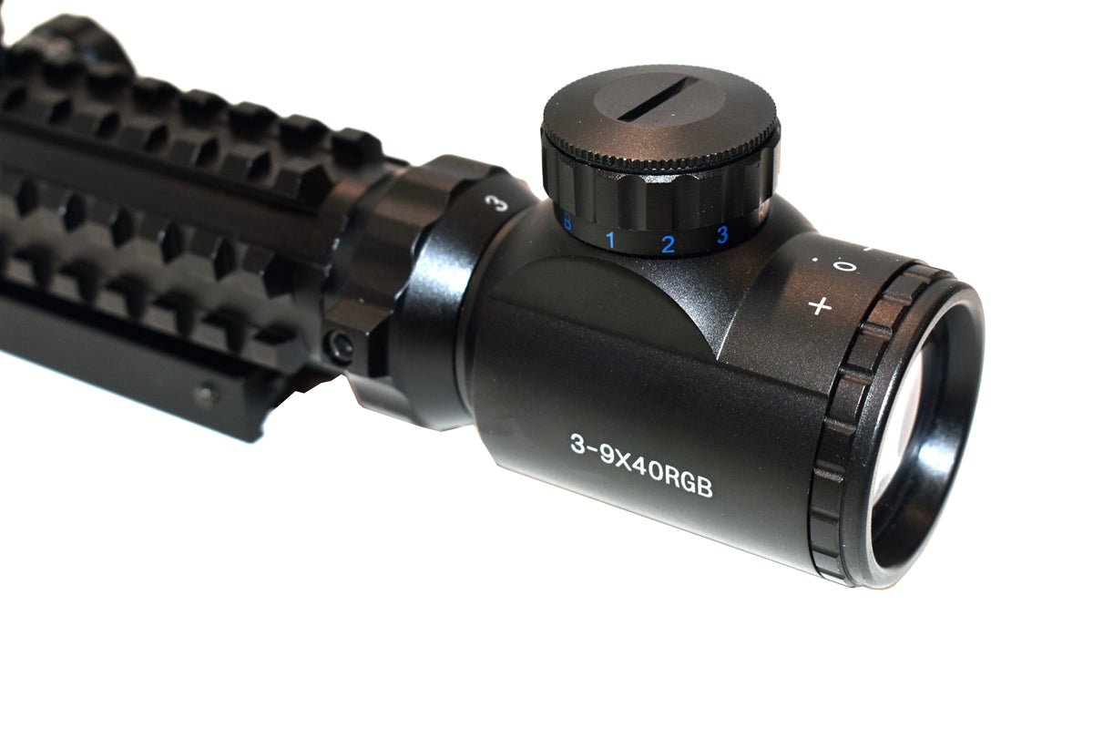 Tactical 3-9X40 Scope Illuminated Red Green Blue Reticle Picatinny Style Compatible With Kel-Tec KSG 12 Gauge Pump. - TRINITY SUPPLY INC
