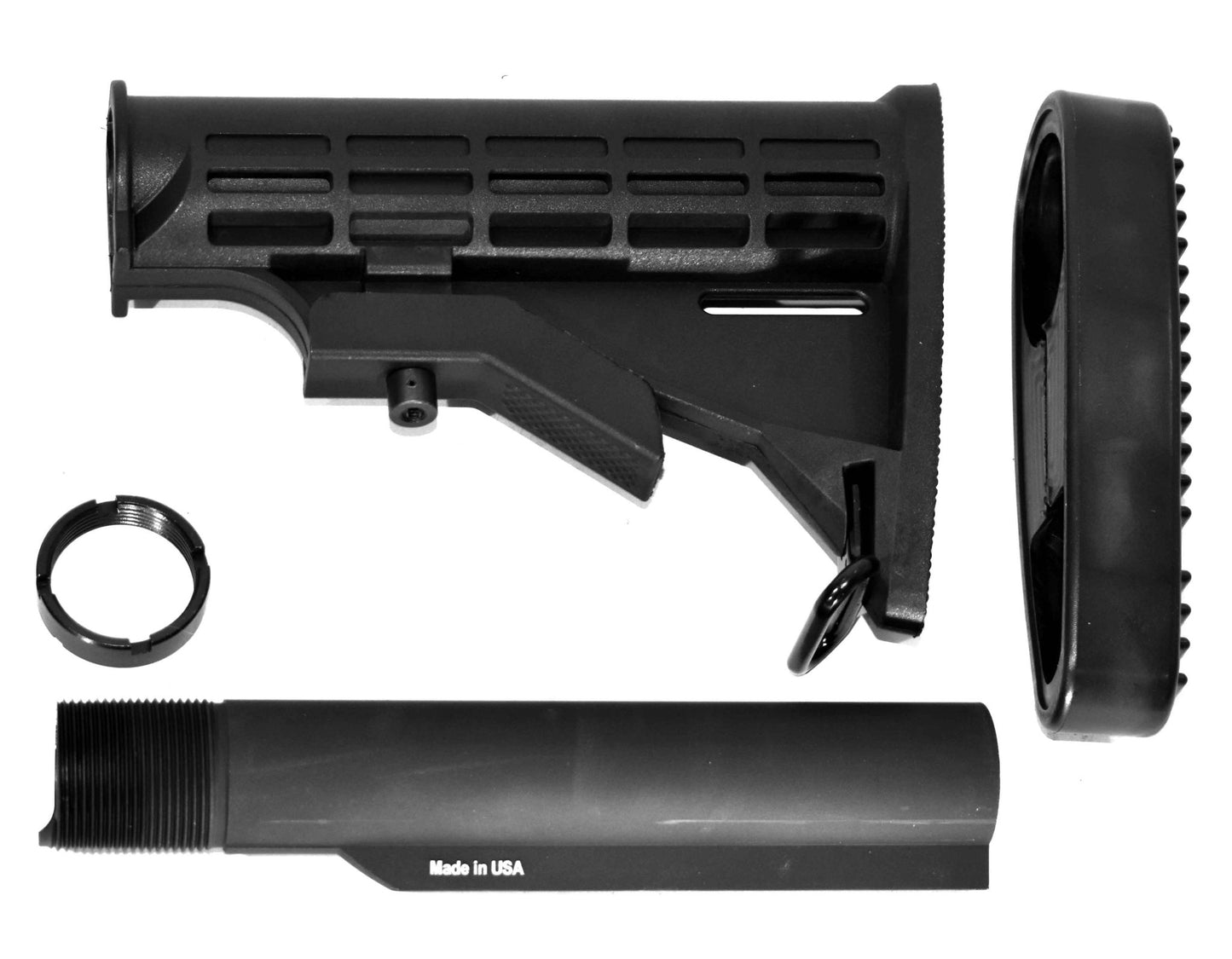 Tactical Adjustable Stock With Butt Pad Compatible With mil-spec threaded Mossberg 500 and Remington 870 pistol grips. - TRINITY SUPPLY INC