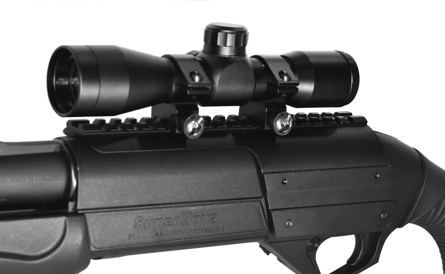 Trinity Saddle Mount Picatinny Rail Adapter With 4x32 Scope Mil-Dot Reticle For Benelli Nova 12 Gauge And Benelli Super Nova 12 Gauge Pumps. - TRINITY SUPPLY INC