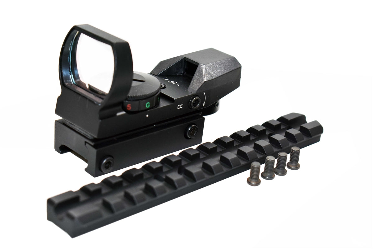 reflex sight and picatinny rail mount for mossberg 590 12 gauge pump.