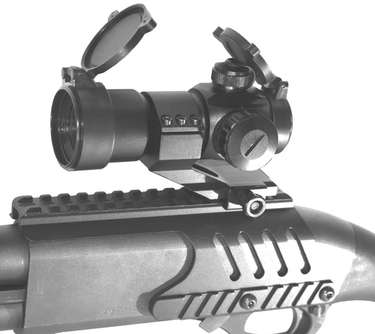 Tactical Red Green Blue Dot Sight with Trinity saddle mount for Remington 870 12 gauge pump.
