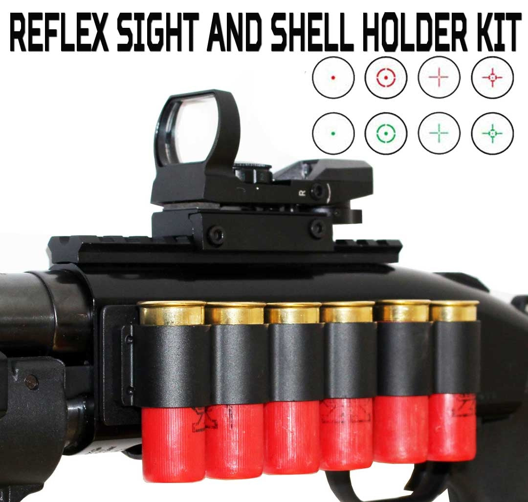 mossberg 500 12 gauge shotgun reflex sight and shell holder combo.