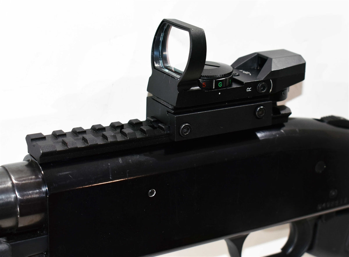 reflex sight and picatinny rail for mossberg 590 pump.