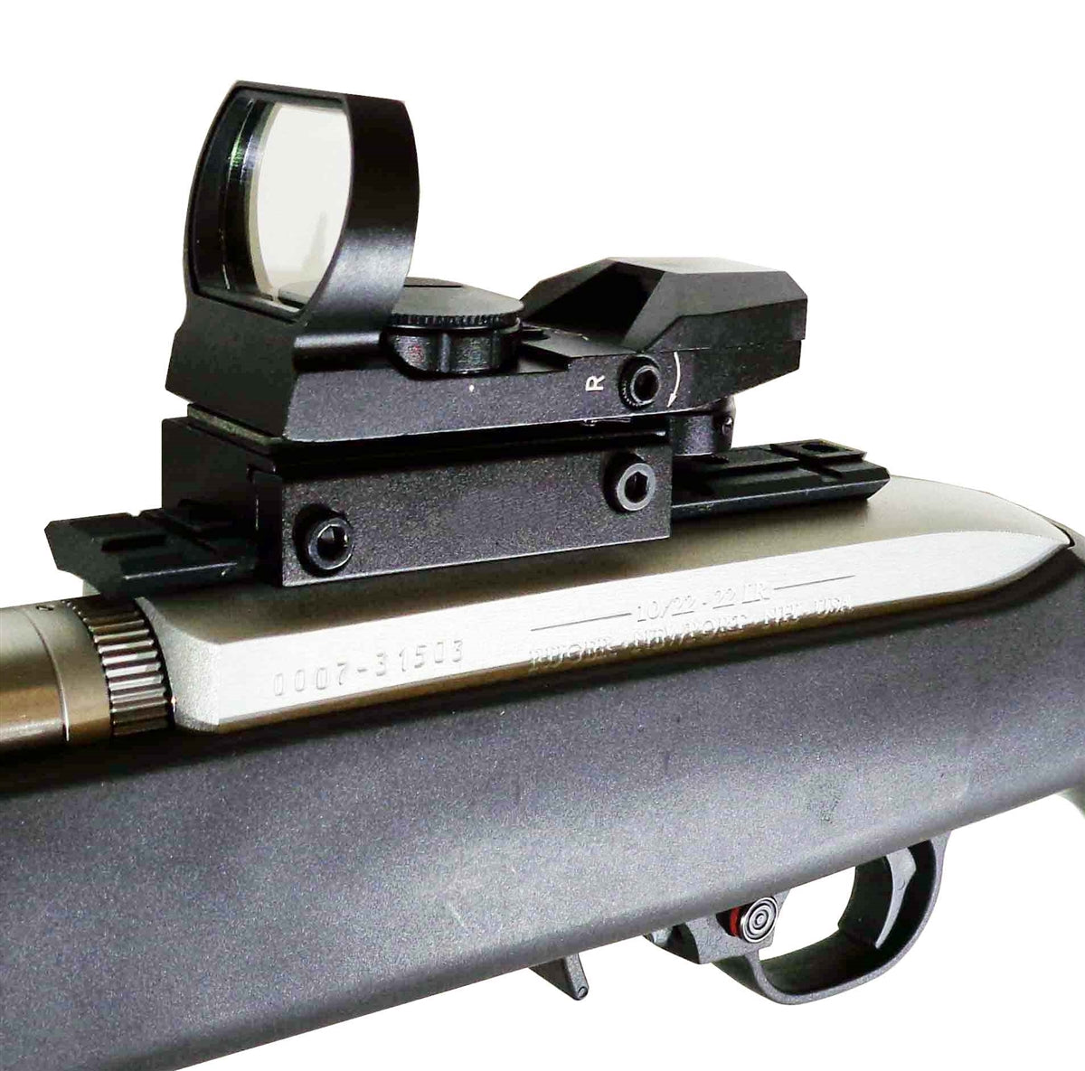ruger 10-22 rifle reflex sight and base mount combo.