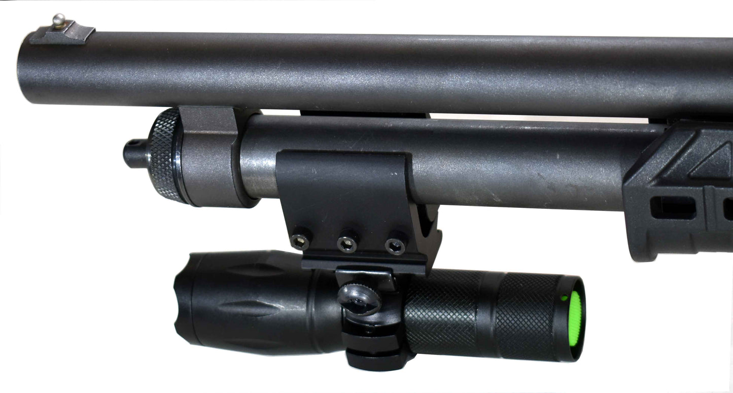 Tactical flashlight 1000 lumen with magazine tube mount compatible with 20 gauge pumps.