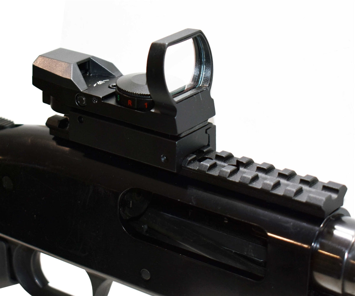 reflex sight and rail combo for mossberg 590 12 gauge.